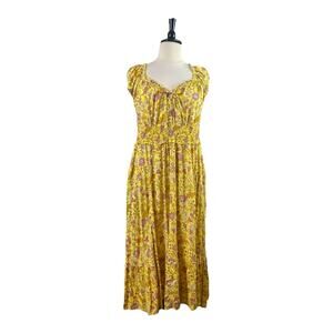 Old Navy Midi Dress Smocked Waist Tie Neck Yellow Floral Women’s Size XL